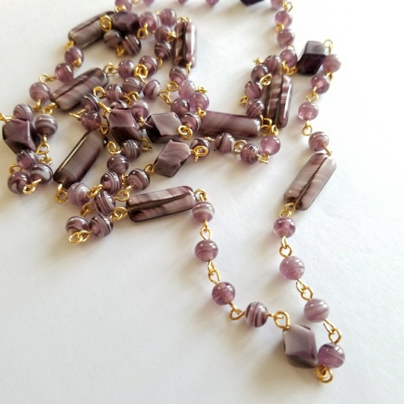 Relisted-Vintage Vintage lavender flapper bead necklace long gold - Picture 4 of 7